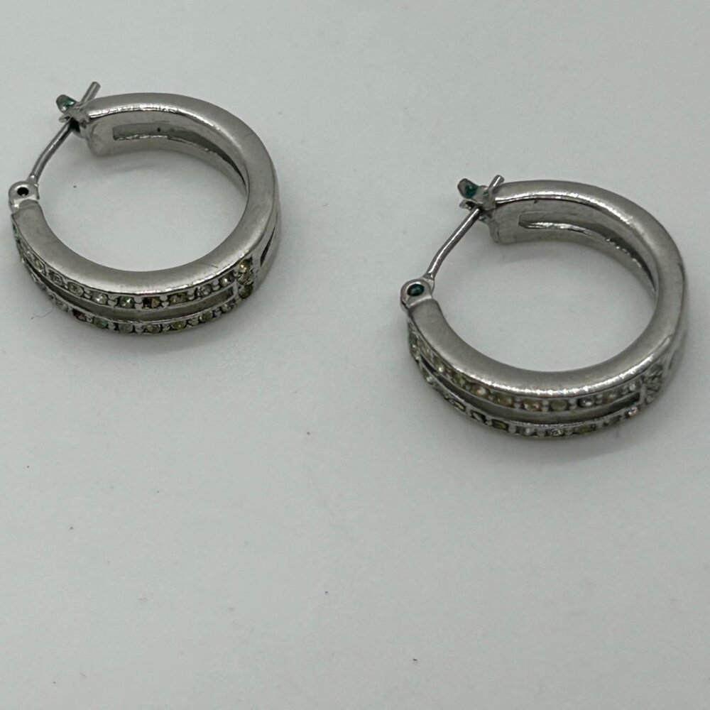 Silver Tone Hoop Earrings Channel Set Rhinestone Small Hinged Round  Minimalist